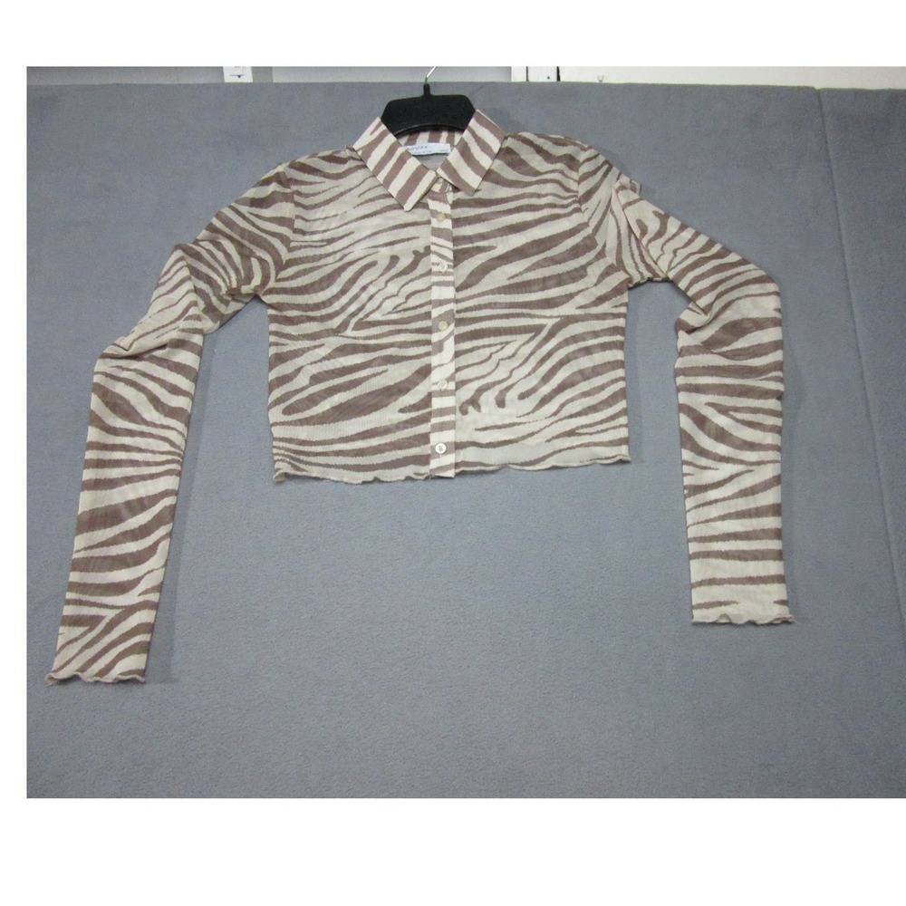 Bershka Top Womens Large Brown Beige Zebra Mesh Crop Button Up Office Party